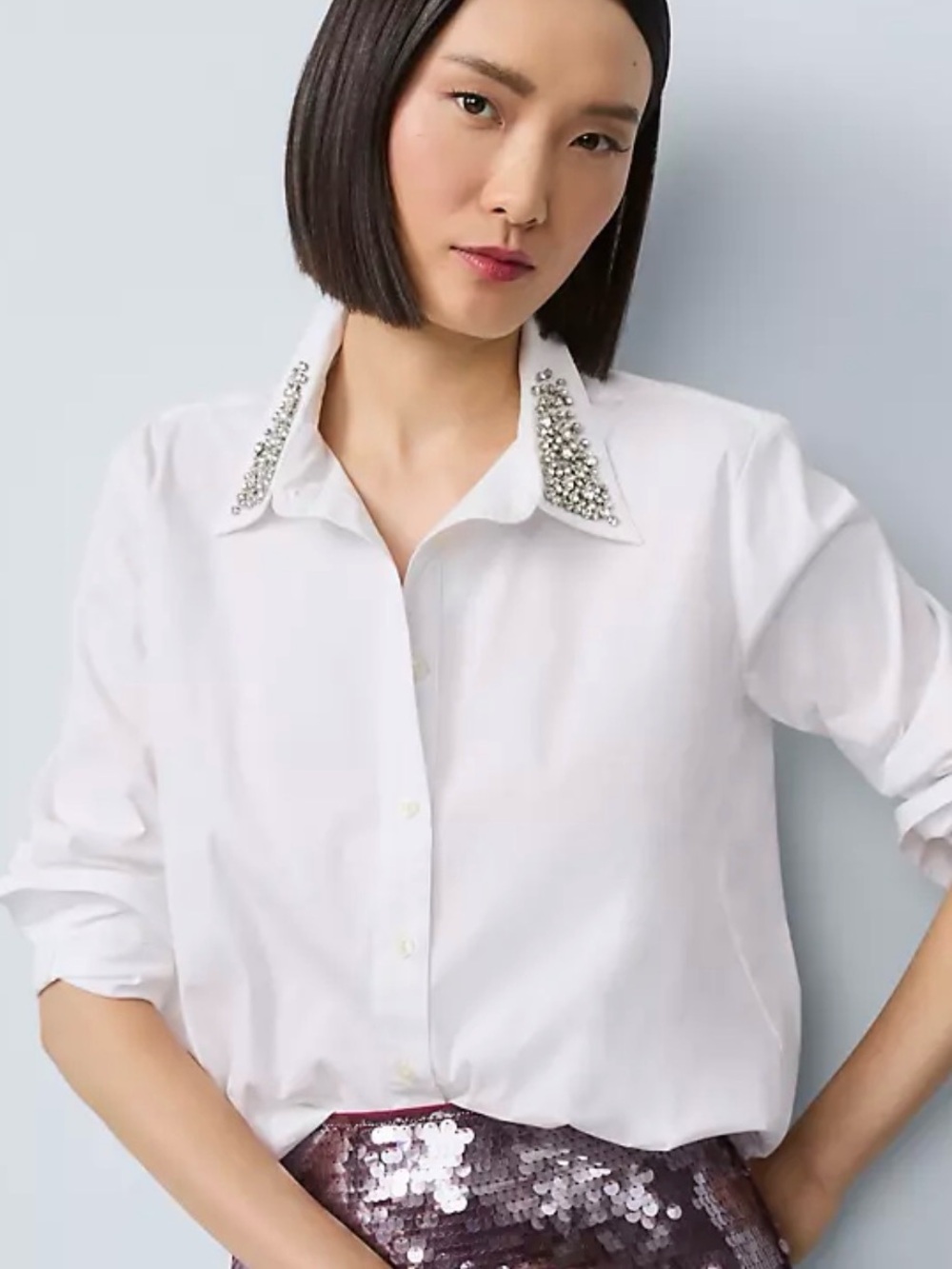 NWT Ann Taylor Crystal Embellished Relaxed Perfect Shirt White Button Down XL
